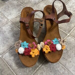 Biostep Womens Wedge Sandals Brown Leather Floral Embellished Ankle Strap Sz 10